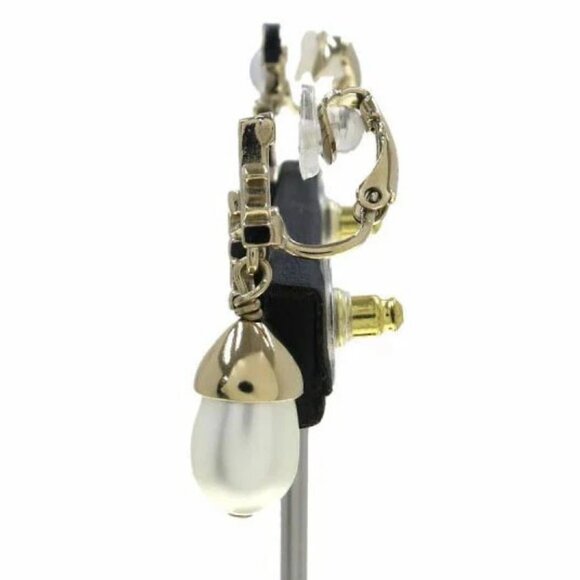 CHANEL Logos Pearl Teardrop Dangle Stud Earrings Gold Tone A22K Auth D-r009 - Picture 2 of 9